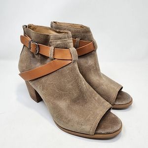 Lucky Brand Haryson Tan Leather Peep Toe Ankle Booties Women 8.5 M Block Heel